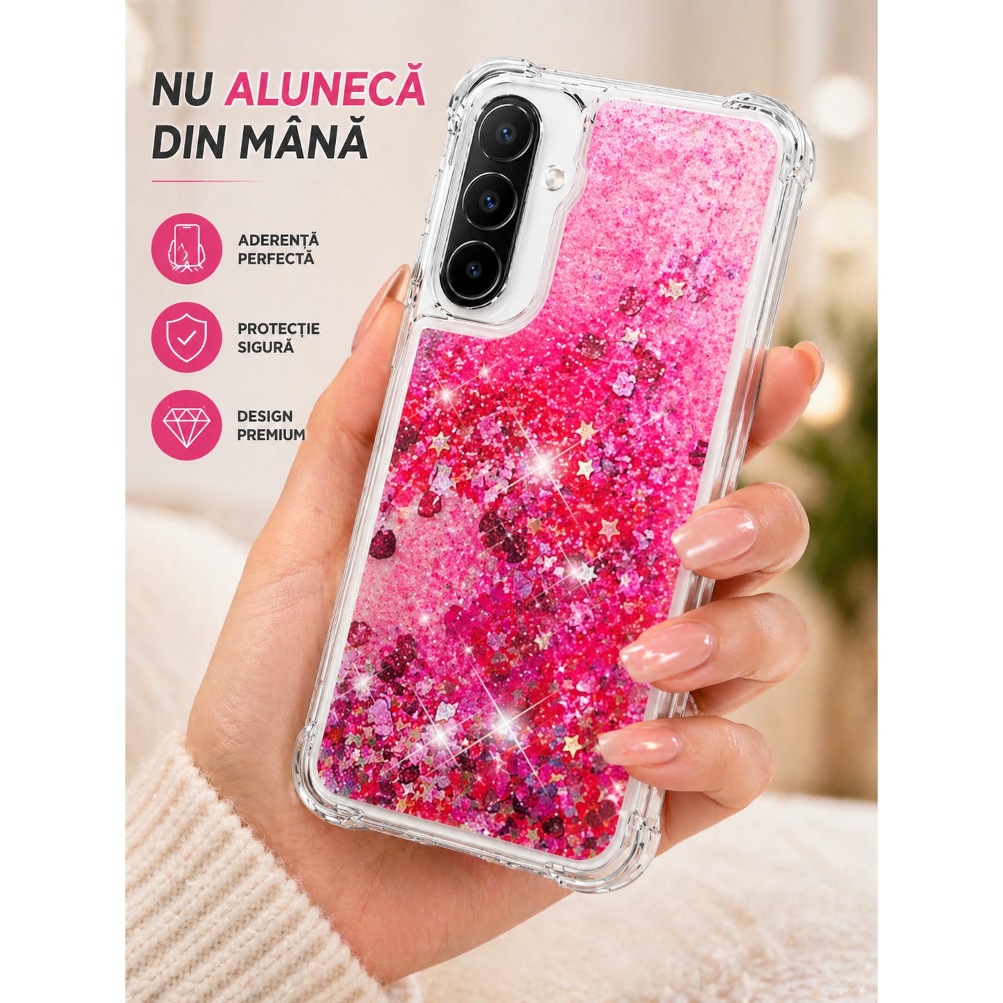 Husa pentru Samsung Galaxy A36, cu Apa si Sclipici, Glitter, Fashion, protectie camera, Roz, ISAG