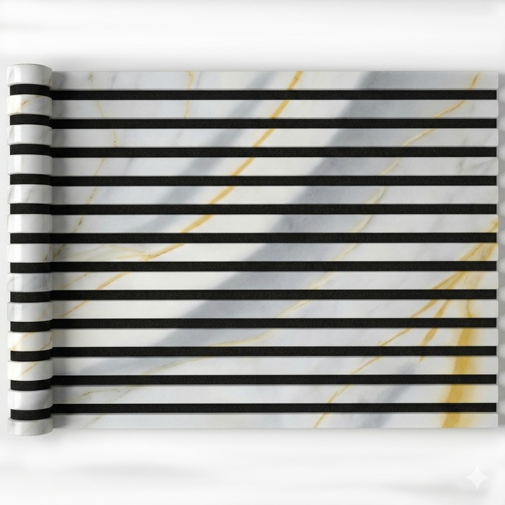 Panou Riflaj PVC Flexibil ZMR, Marmura Gold-Blue cu Fante Adancite Negru Mat, 60x300cm, Grosime 3mm, Autoadeziv