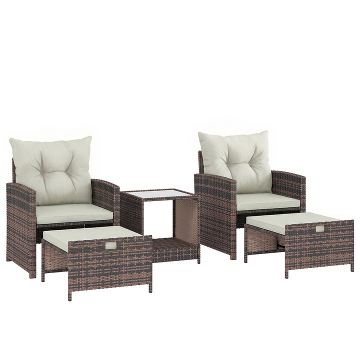 Set de mobilier de grădină Outsunny, rattan PE, 5 piese, Maro/Alb Crem, 62x65x75cm