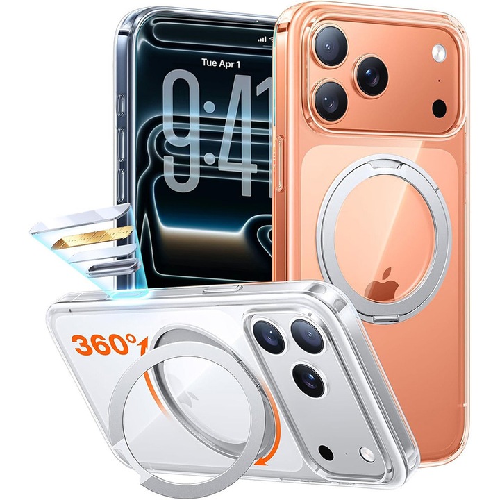 360°-ban Forgatható Mágneses Tartós Tok iPhone 17 Pro-hoz, MOGU, MagSafe Kompatibilis, Katonai Szintű Védelem, Kamera Vezérlés, Vezeték Nélküli Töltés, Vékony, Sárgulásgátló Tok, Átlátszó