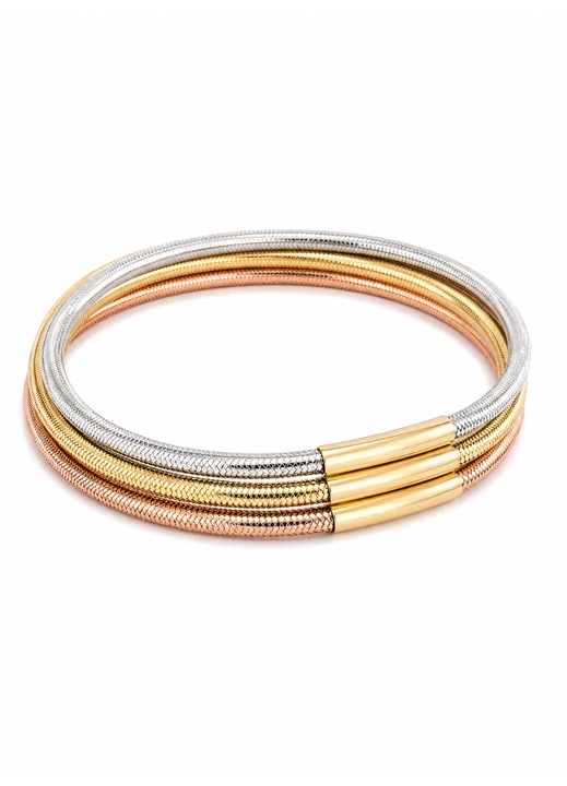 Bratara elastica din aur 14K, design trio, aur galben, alb si roz, model texturat tip plasa