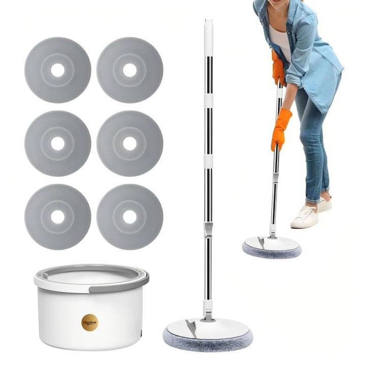 Set mop rotativ Omelivon, auto-spalare, microfibra, alb crem-gri deschis, 8 piese, 360° rotire