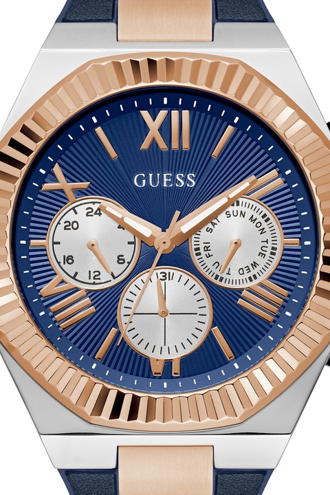 GUESS, Ceas cronograf cu bareta din silicon, Albastru inchis
