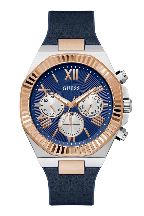GUESS, Ceas cronograf cu bareta din silicon, Albastru inchis