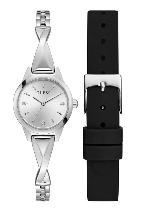 GUESS, Ceas analog cu barete intersanjabile, Argintiu, Negru