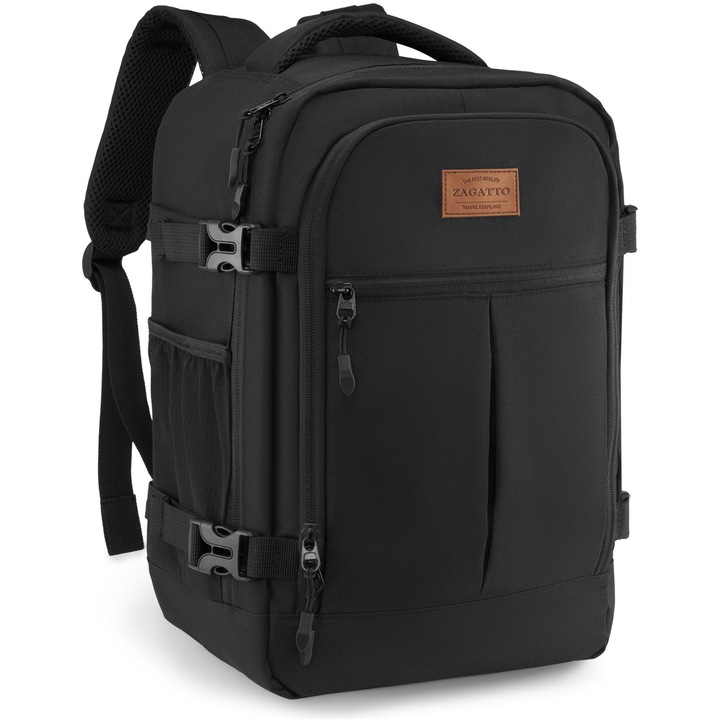 Rucsac voiaj, Zagatto ZG1113, Bagaj de mana 40x30x20 cm, Rucsac calatorie avion, Compatibil Wizz Air, Ryanair, Deschidere la 90 grade, Atasabil la valiza, Impermeabil, Capacitate 24L, Negru