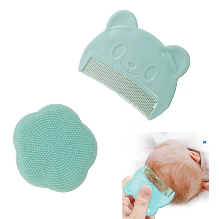 ZEQAS Babafürdető Kefe és Fésű Szett Puha Szilikonból, Koszmó Eltávolítására, Ergonomikus Csúszásmentes Fogantyúval, Menta Zöld Színben