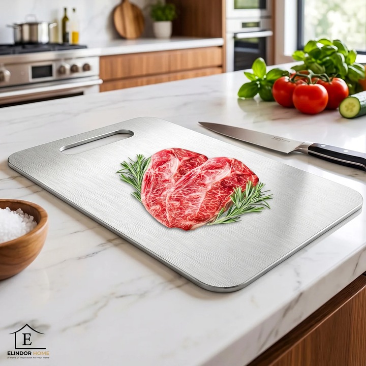 Tocator Elindor® din Otel Inoxidabil 201, cu Maner, Design Subtire si Usor de Depozitat, Ideal pentru Taierea si Servirea Legumelor, Fructelor, Branzeturilor sau Carnii, 30 × 20 × 0.1 cm, Argintiu