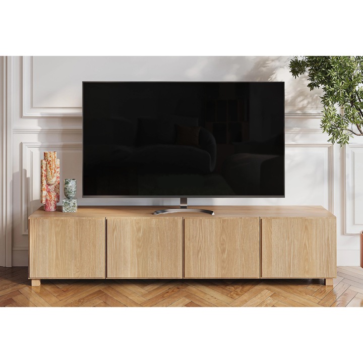 Comoda TV Artemob Drio, 200x45x44.5 cm, 4 usi, furnir de stejar