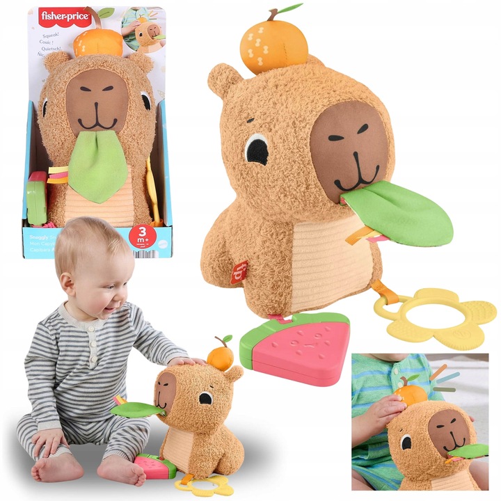 Jucarie de plus Fisher-Price Capybara senzoriala, multicolor, cu inel gingival, fosnitoare si zornaitoare, 20cm