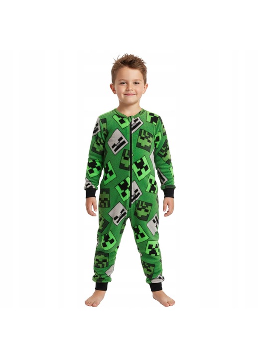 Salopeta Pijama Minecraft Creeper pentru Baieti, fleece Calduros, multicolor, Licentiata Oficial, Set, 98-104 CM