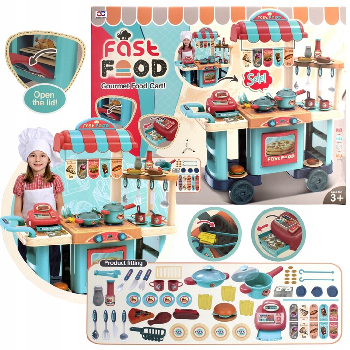 Bucatarie de joaca pentru copii, set complet cu accesorii fast food, aragaz, casa de marcat, 79.5x90x33cm