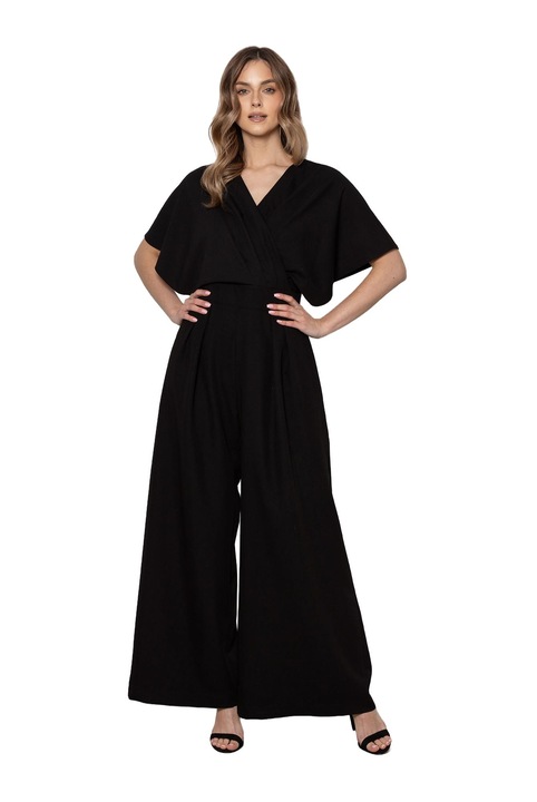 Salopeta dama, awama, eleganta, cu decolteu petrecut, pantaloni palazzo, neagra, poliester|elastan