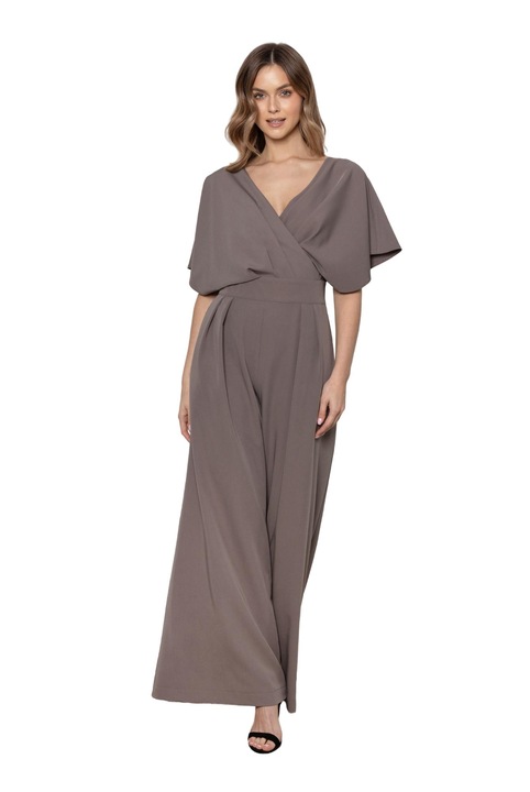 Salopeta dama, awama, eleganta, decolteu petrecut, pantaloni palazzo, gri, poliester|elastan