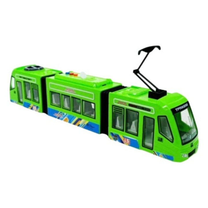 Tramvai cu frictiune, sunete si lumini, verde, 42 cm