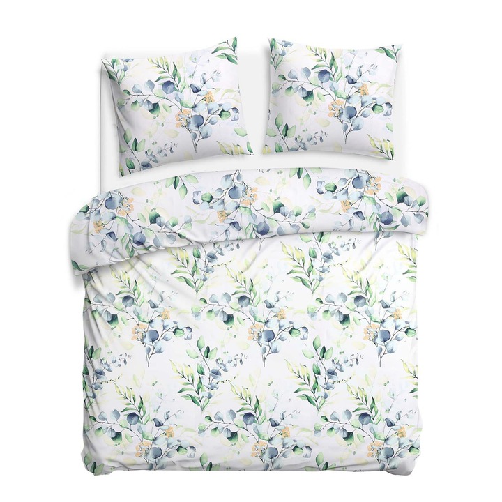 Lenjerie de pat din bumbac 220x200 alb cu model de frunze verzi si albastre 71500/1 - CottonLove