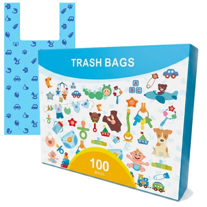 Pungi pentru scutece Babysnugg, 100 buc, fara miros, rezistente, anti-scurgere, 18x37 cm, cutie dispenser