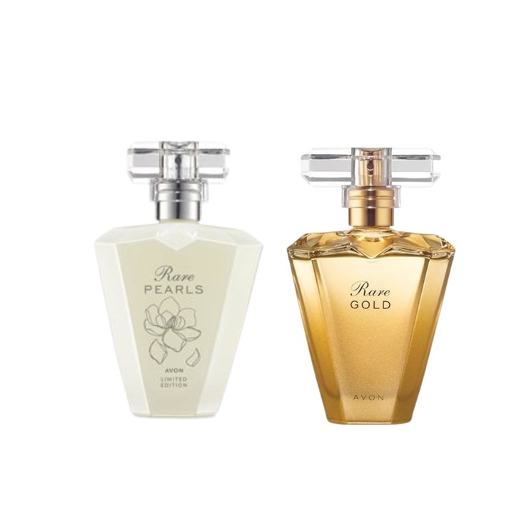 Set apa de parfum Rare Pearls editie limitata cu motiv floral 50 ml si apa de parfum Rare Gold 50 ml, Avon
