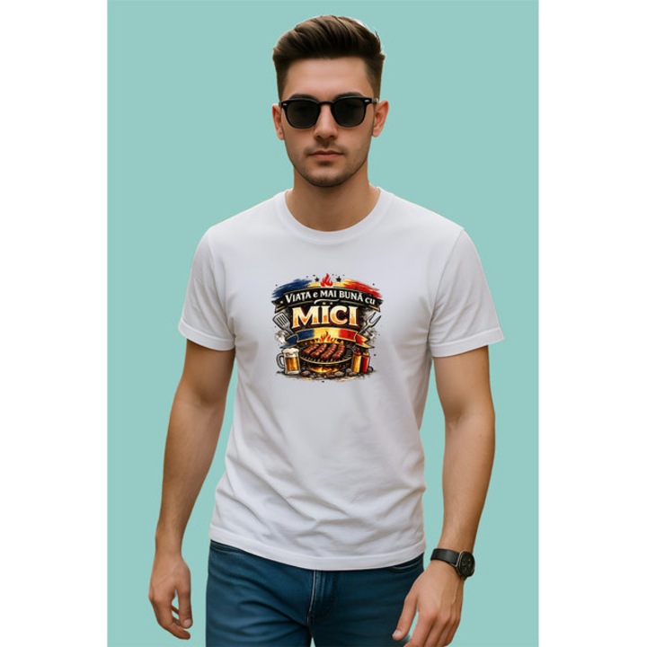 Tricou Viata E Mai Buna Cu Mici Gratar Amuzant, Barbat, 100% bumbac, Cri-Flo, Culoarea Alb, Marime 2XL