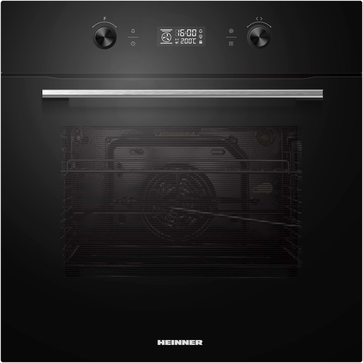 Cuptor incorporabil Heinner HBO-M7010GCDRP-GBK, 70L, 10 Functii, Clasa A, Timer digital, Display touch, Grill, Ventilatie, Functie turbo, Functie dezghetare, Blocare display, Autocuratare pirolitica, Sticla neagra