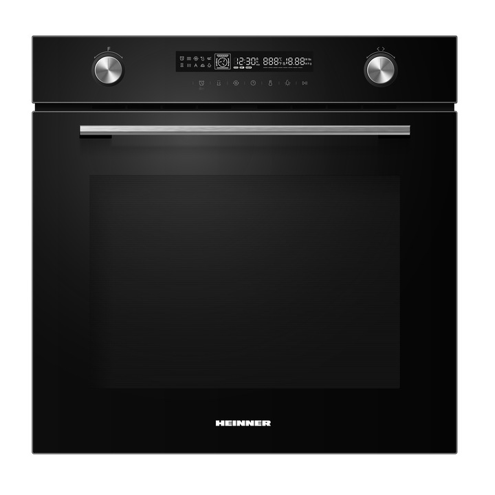 Cuptor incorporabil Heinner HBO-M7212GCDRP-GBK, 72L, 12 Functii, Clasa A+, Timer digital, Display touch, Grill, Ventilatie, Functie turbo, Functie pizza, Functie dezghetare, , Blocare display, Autocuratare pirolitica, Sticla neagra