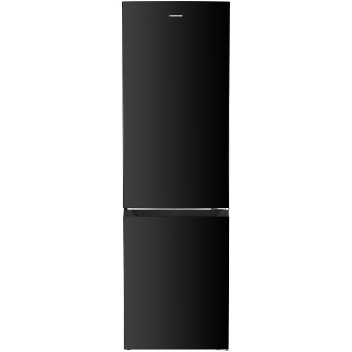 Combina frigorifica Heinner HCNF-HM253INVBKE++, 253 l, Clasa E, No frost, Compresor Inverter, Control electronic cu termostat ajustabil, Lumina led, 3 rafturi de sticla frigider, 3 sertare congelator, H 181 cm, Negru