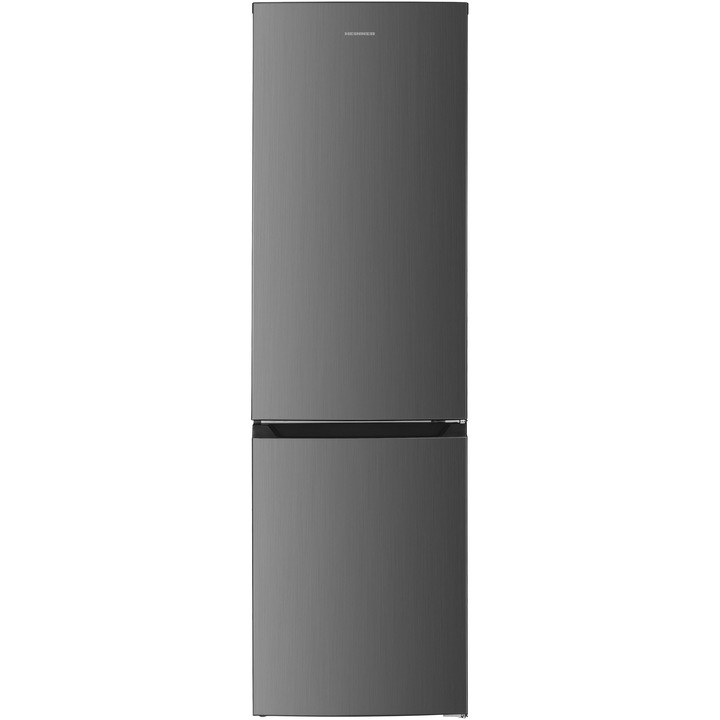 Combina frigorifica Heinner HCNF-HM253INVXE++, 253 l, Clasa E, No frost, Compresor Inverter, Control electronic cu termostat ajustabil, Lumina led, 3 rafturi de sticla frigider, 3 sertare congelator, H 181 cm, Inox