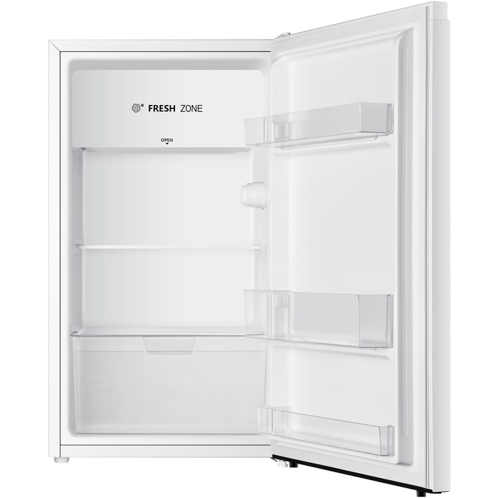 Frigider cu o usa Heinner HF-HS94E++, 94 l, Clasa E, Control mecanic cu termostat ajustabil, Lumina led, Raft din sticla, Compartiment fructe si legume, H 84.2 cm, Alb