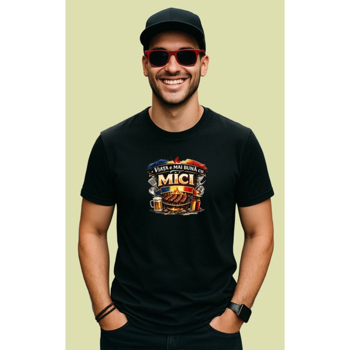 Tricou Viata E Mai Buna Cu Mici Gratar Amuzant, Barbat, 100% bumbac, Cri-Flo, Culoarea Negru, Marime M