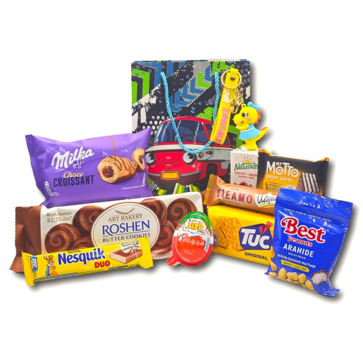 Pachet cadou pentru copii, model Super Speed, cu breloc amuzant si multe surprize dulci adorate de cei mici, 12 articole - by CADOURI PREMIUM®