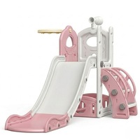 Tobogan pentru copii 2in1, cu cos de baschet si telescop, lungime alunecare 165 cm, pentru interior si exterior, Roz Pastel