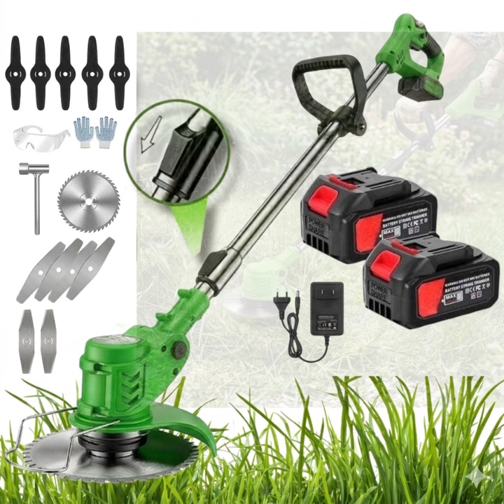 Motocoasa electrica fara fir QRYX® 1985W, 2 acumulatori 48V, 18000 RPM, unealta gradina multifunctionala cu brat reglabil, disc 15cm, set lame metal + plastic, ochelari + manusi, incarcator inclus, portabila pentru gazon, buruieni si arbusti