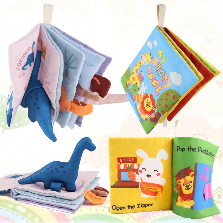 Set 2 Carti Senzoriale, Interactive si Educative, 3D Dino cu Cozi Texturate si Toddler Activity Book, Pagini Fasaitoare, Oglinda si Exercitii de Motricitate, Material Textil Lavabil, 0-24 Luni