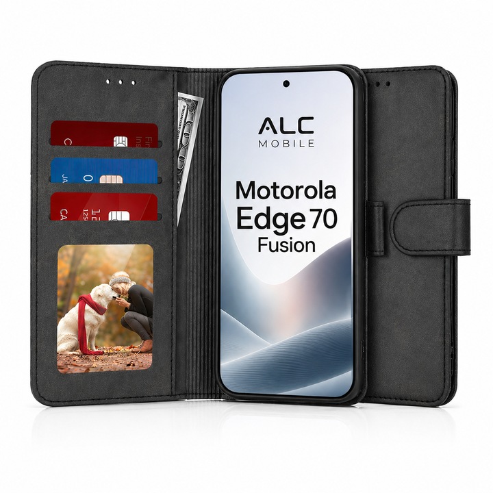 Husa pentru Motorola Edge 70 Fusion Tip Carte Flip, Portofel, Stand Video, Inchidere Magnetica, Protectie 360, Piele Ecologica, Negru
