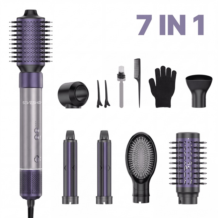 Perie De Par SeveShop® 7 In 1, Perie Electrica Cu Aer Cald, Ondulator Automat Auto-Wrap, Perie De Par Pentru Volum Si Indreptare, Motor 1500W, 4 Trepte Temperatura, 3 Viteze Aer, Ionizare Anti Frizz, Set Perii Styling, Mov