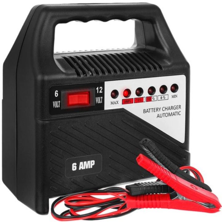 VarioShop® autó akkumulátortöltő, 12V 6A / 6V-12V, univerzális töltő autó és motor akkumulátorokhoz 20–65Ah, LED töltöttségi szint jelzővel, transzformátoros, hordozható, kompakt