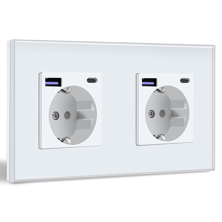 Priza Dubla de perete cu USB X2 si USB-C X2 Fast Charge, Schuko 16 A, Priza Electrica Dubla cu Porturi USB, Alimentare Simultana Electrocasnice si Dispozitive Mobile, priza incastrata 6 in 1, panou sticla, siguranta copii, alb