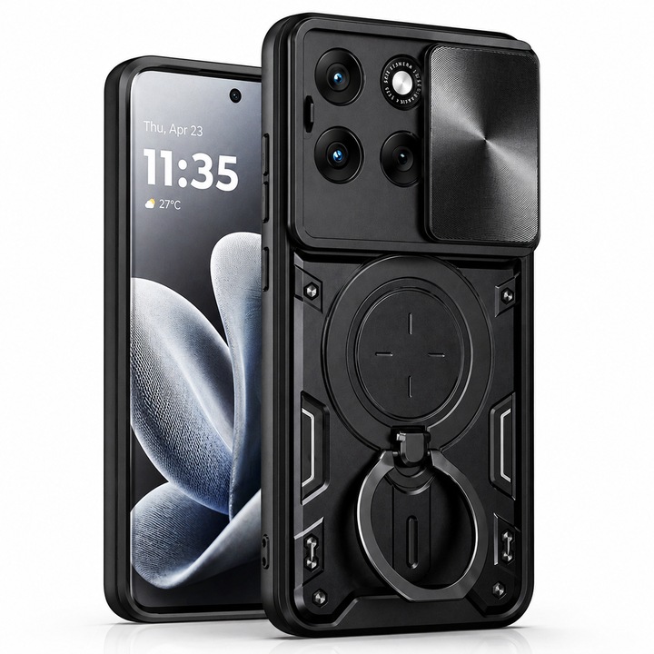 Tok kompatibilis Motorola Edge 70 Fusion telefonnal, Ütésálló, 360 fokban forgatható gyűrű, Kitámasztó, Kameravédelem, Fekete, ALC MOBILE