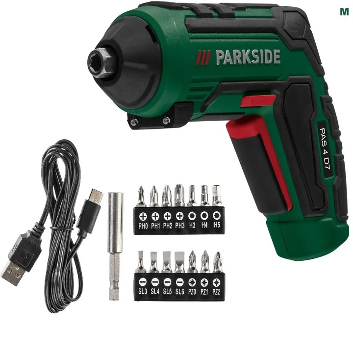 Surubelnita 4V Parkside cu acumulator incorporat, set de 15 biti, Cuplu maxim:10 Nm, Capacitate:1500 mAh, lumina de lucru LED incorporata