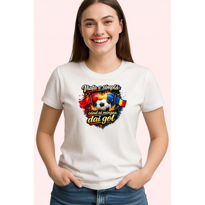 Tricou Viata E Simpla Cand Ai Minge Dai Gol Fotbal, Dama, 100% bumbac, Cri-Flo, Culoarea Alb, Marime XS