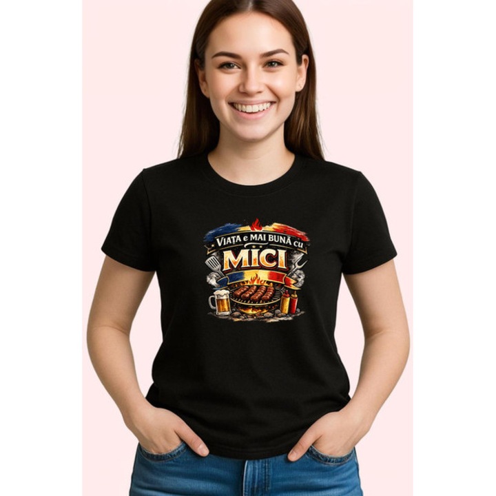 Tricou Viata E Mai Buna Cu Mici Gratar Amuzant, Dama, 100% bumbac, Cri-Flo, Culoarea Negru, Marime XL