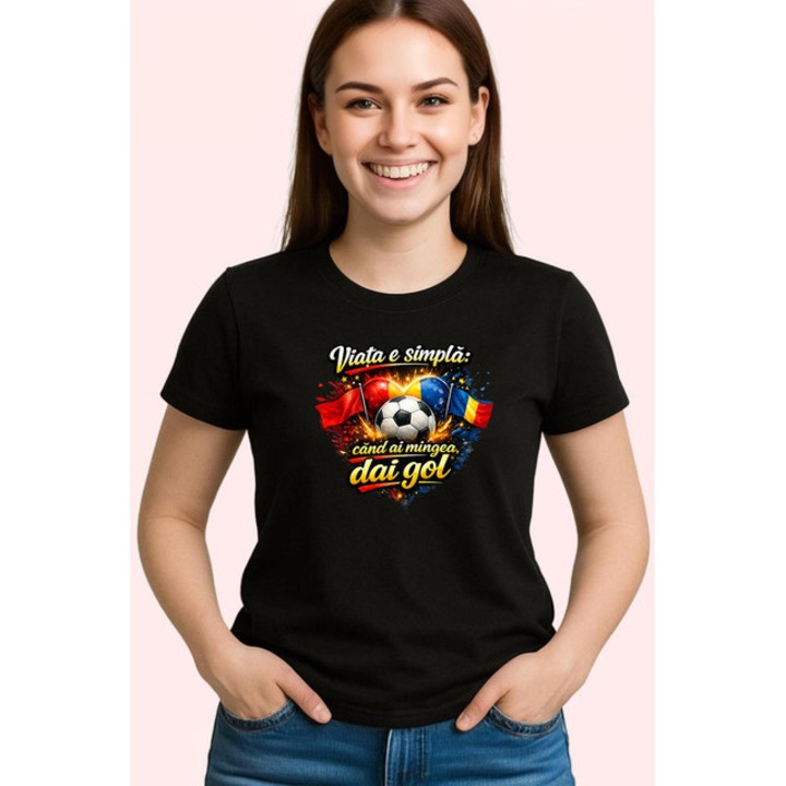 Tricou Viata E Simpla Cand Ai Minge Dai Gol Fotbal, Dama, 100% bumbac, Cri-Flo, Culoarea Negru, Marime S