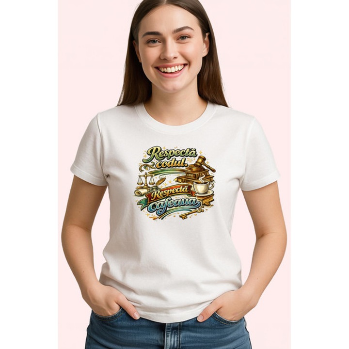 Tricou Respecta Codul Respecta Avocatul Balanta Cafea V1, Dama, 100% bumbac, Cri-Flo, Culoarea Alb, Marime XS