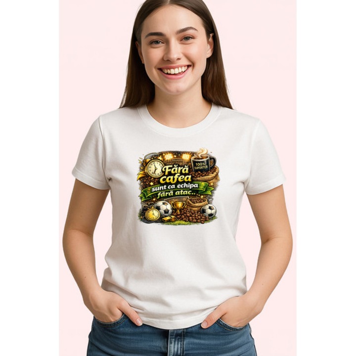 Tricou Fara Cafea Viata E Un Esec Fotbal V1, Dama, 100% bumbac, Cri-Flo, Culoarea Alb, Marime L