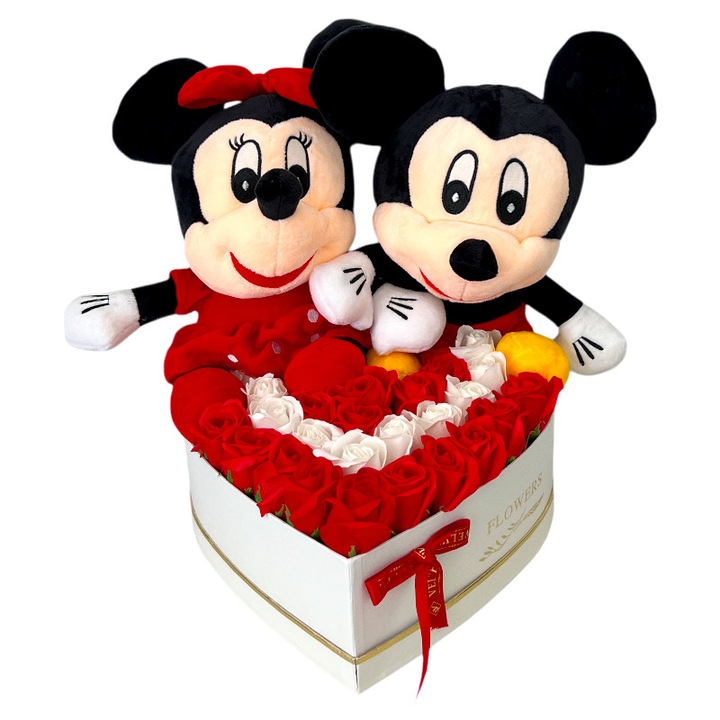 Aranjament floral Mickey & Minnie Mouse cu 29 trandafiri de sapun, in cutie inima alba, 29x35 cm, VELVE
