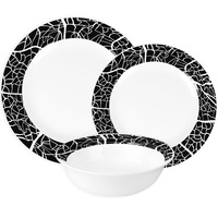 Set cina GierekHoff Aura Mystery 18 piese sticla opal alba pentru 6 persoane, design mozaic negru, rezistent la microunde si masina de spalat vase, GH 1216