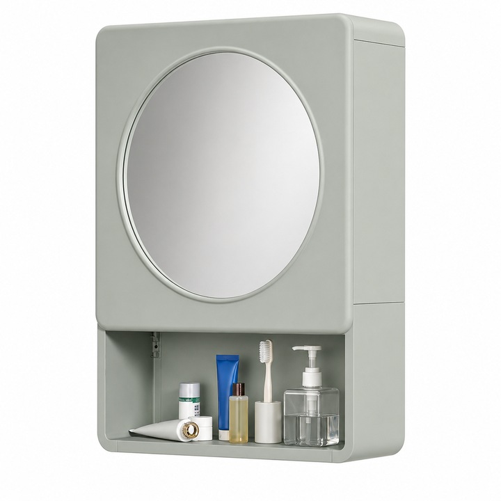 Dulap Baie cu Oglinda Verde 44x15x59 cm, Dulap Suspendat cu Spatiu Depozitare, Organizator Cosmetice, Design Compact