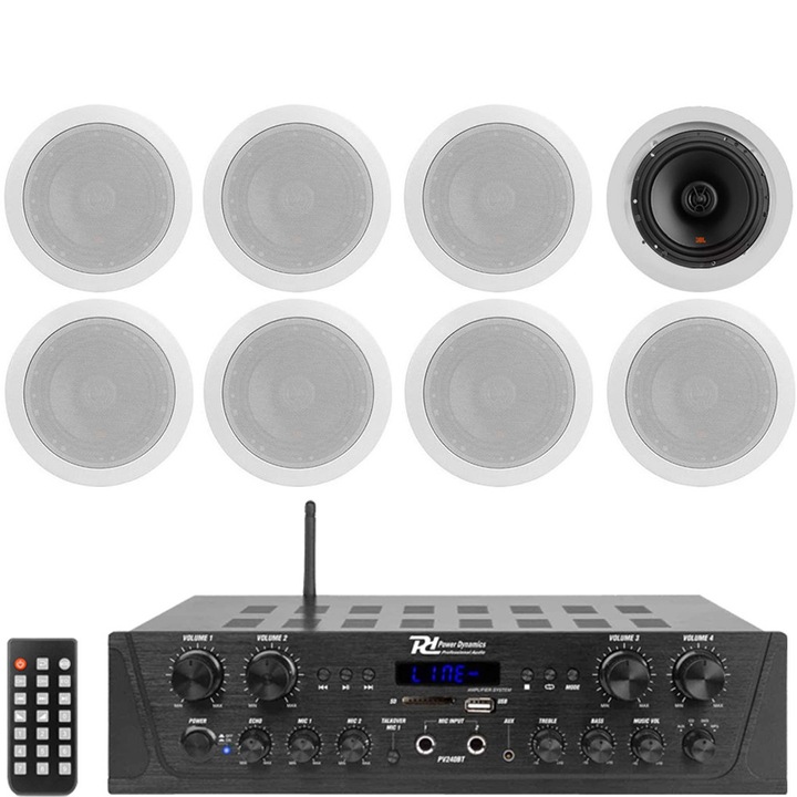Sistem audio incastrabil in tavan JBL Stage Multiroom Bundle-8, 8 boxe, receiver cu Bluetooth, pentru Restaurant, casa, 8x40W RMS