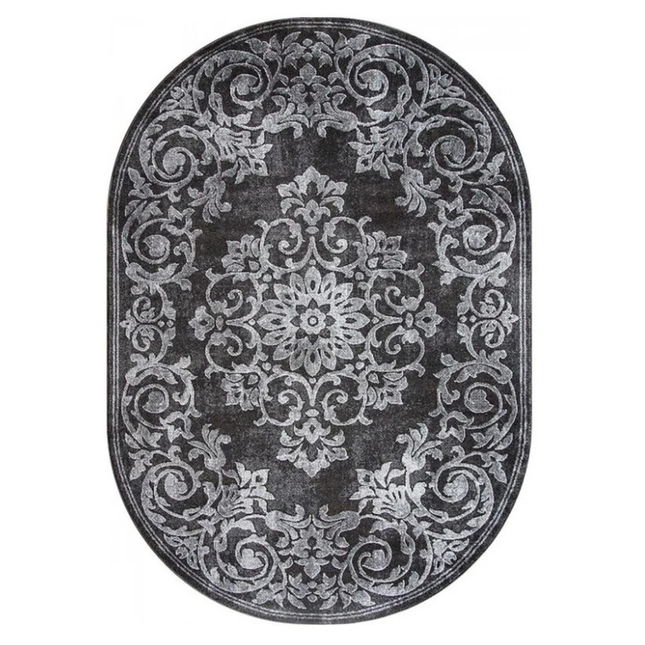 Covor Oval Model Mira 24016-196, Marime 50 x 80 cm, Gri, Inaltime Fir 6 mm, Antialergic, Polipropilena, Living, Dormitor, Sufragerie, Birou 50 x 80