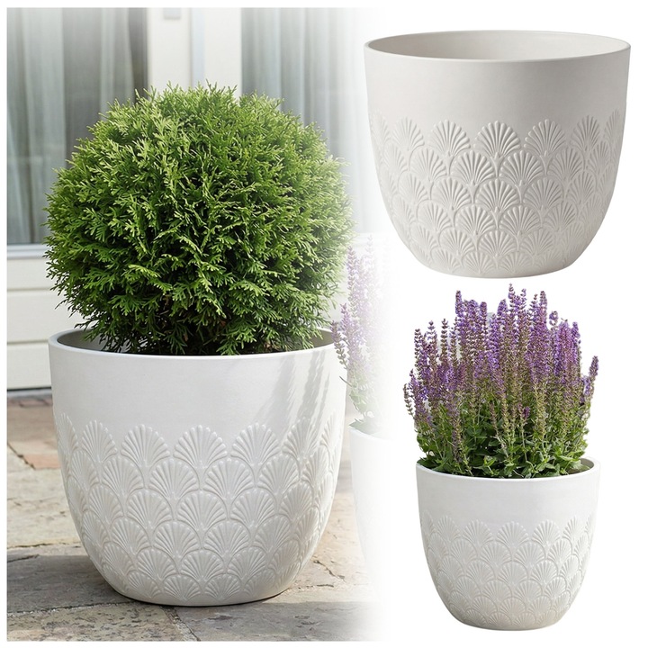 Ghiveci de gradina mare, e-floor, Melody, Ø40.6 x 35.6 cm, Alb, Material reciclat, sistem de irigare cu rezervor, rezistent la inghet si raze UV, model evantai, interior si exterior, terasa, balcon, certificat REACH, decorativ, elegant si durabil